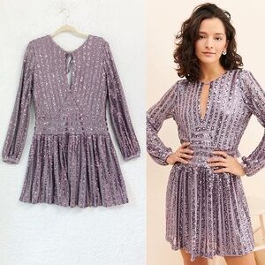 Anthropologie Sequined Open Back Mini Dress Lilac Sz 12